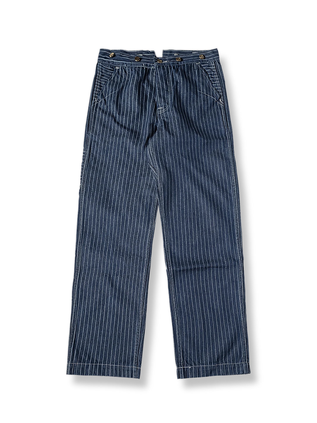 WABASHバッティックのドットストライプが特徴のハイウエストストレートデニムパンツ。