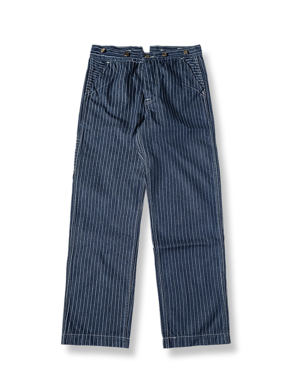 WABASHバッティックのドットストライプが特徴のハイウエストストレートデニムパンツ。
