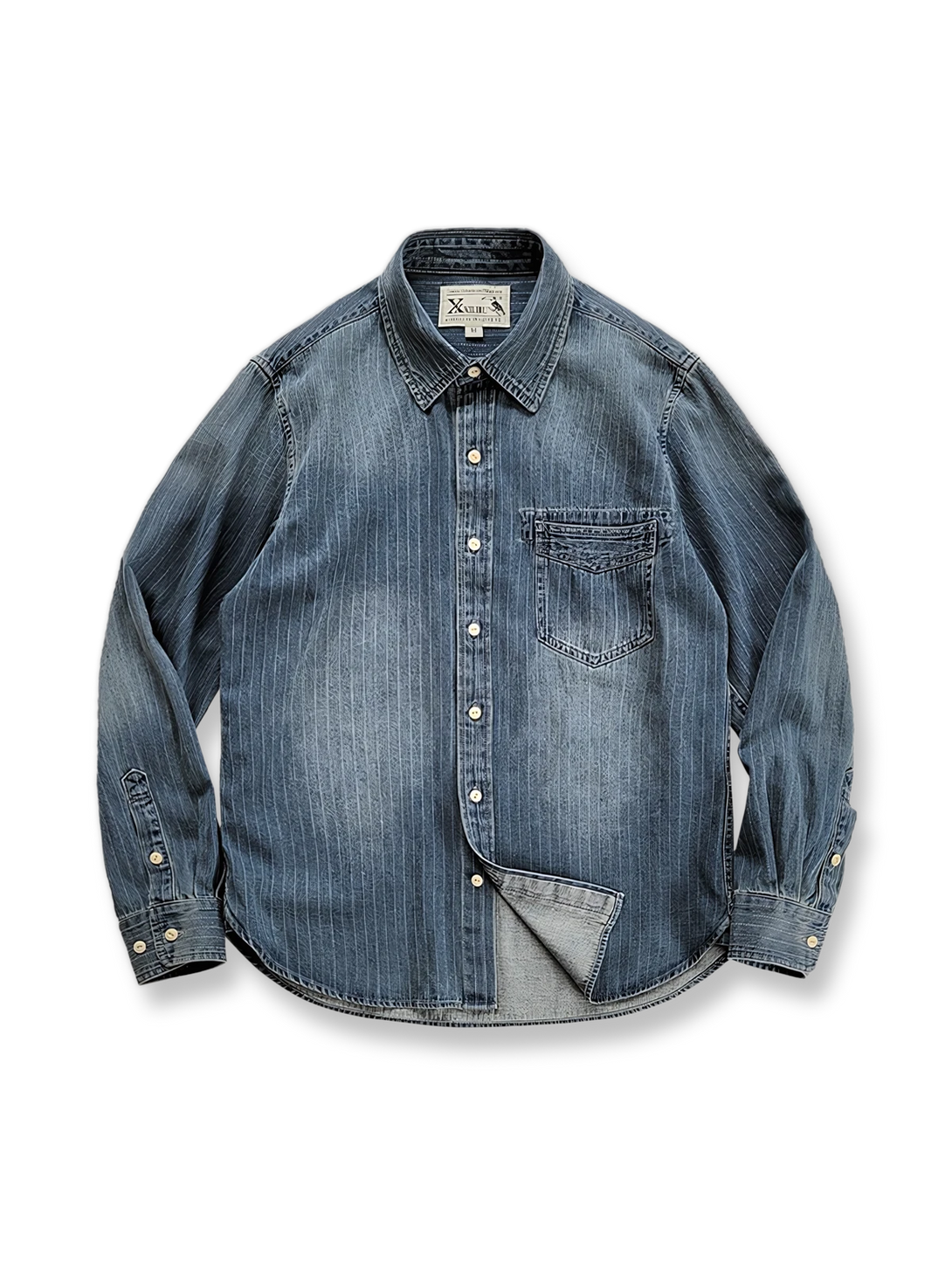 Wabash抜染のストライプ柄が映えるリラックスフィットデニムシャツジャケット。