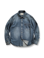 Wabash抜染のストライプ柄が映えるリラックスフィットデニムシャツジャケット。