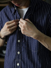 インディゴハートパターン抜染リネンコットンWabashワークシャツ