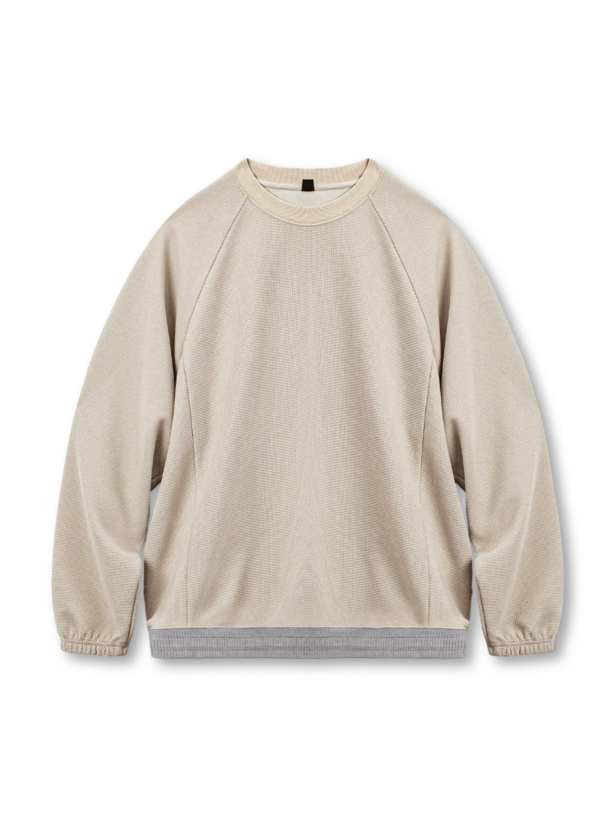 ワッフル素材の長袖トップス、ラグランスリーブ、配色ヘム、裾ドローコード付き、ルーズシルエット