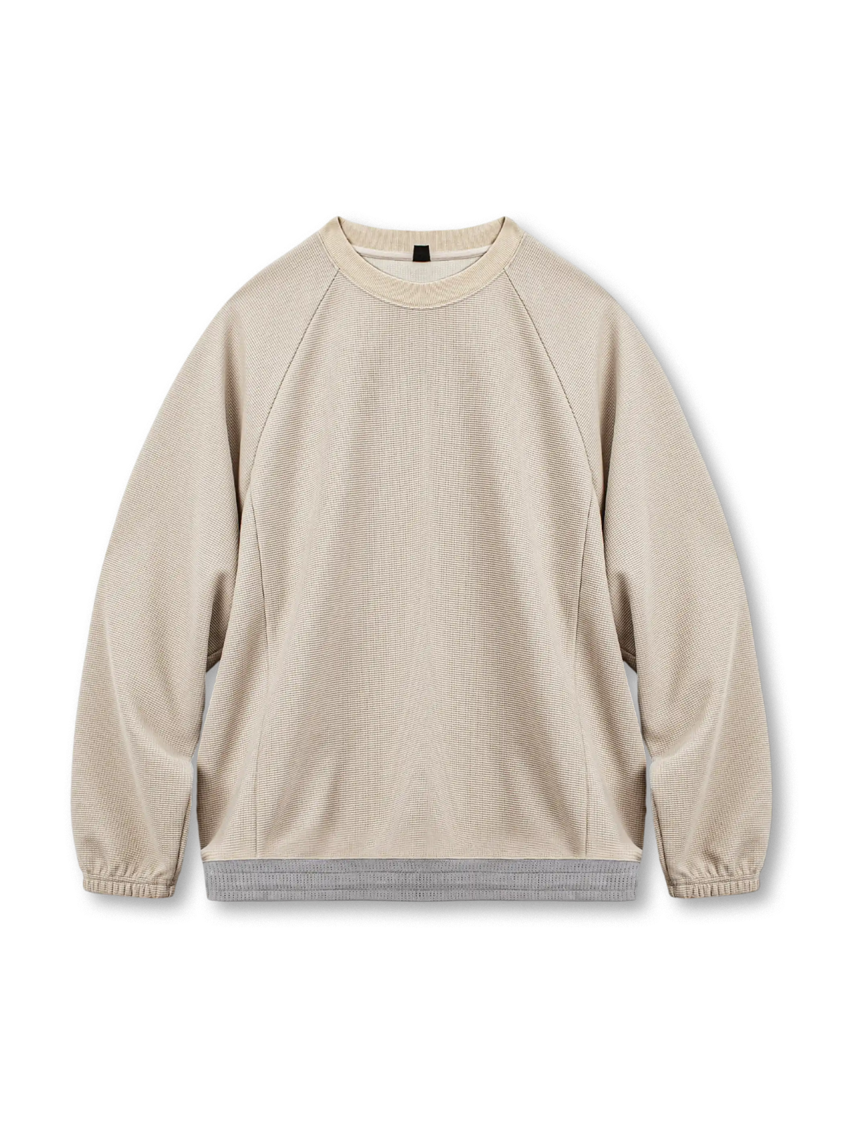 ワッフル素材の長袖トップス、ラグランスリーブ、配色ヘム、裾ドローコード付き、ルーズシルエット