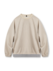 ワッフル素材の長袖トップス、ラグランスリーブ、配色ヘム、裾ドローコード付き、ルーズシルエット