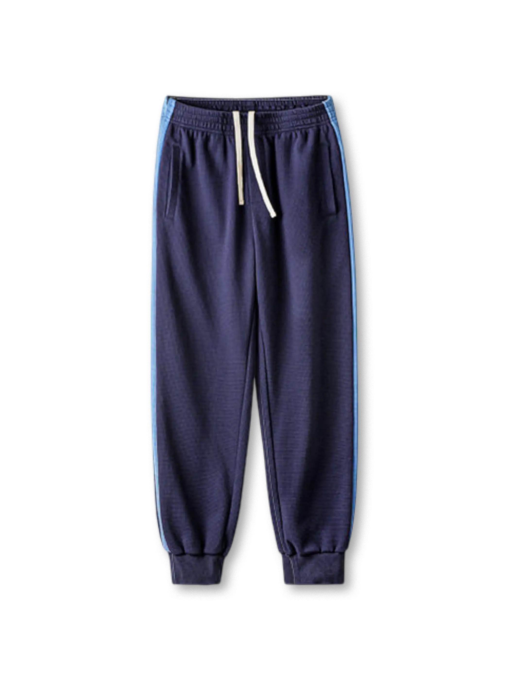 ネイビー系のワッフル地スウェットパンツ、サイドライン入り、ドローコード付きウエストと裾リブ仕様
