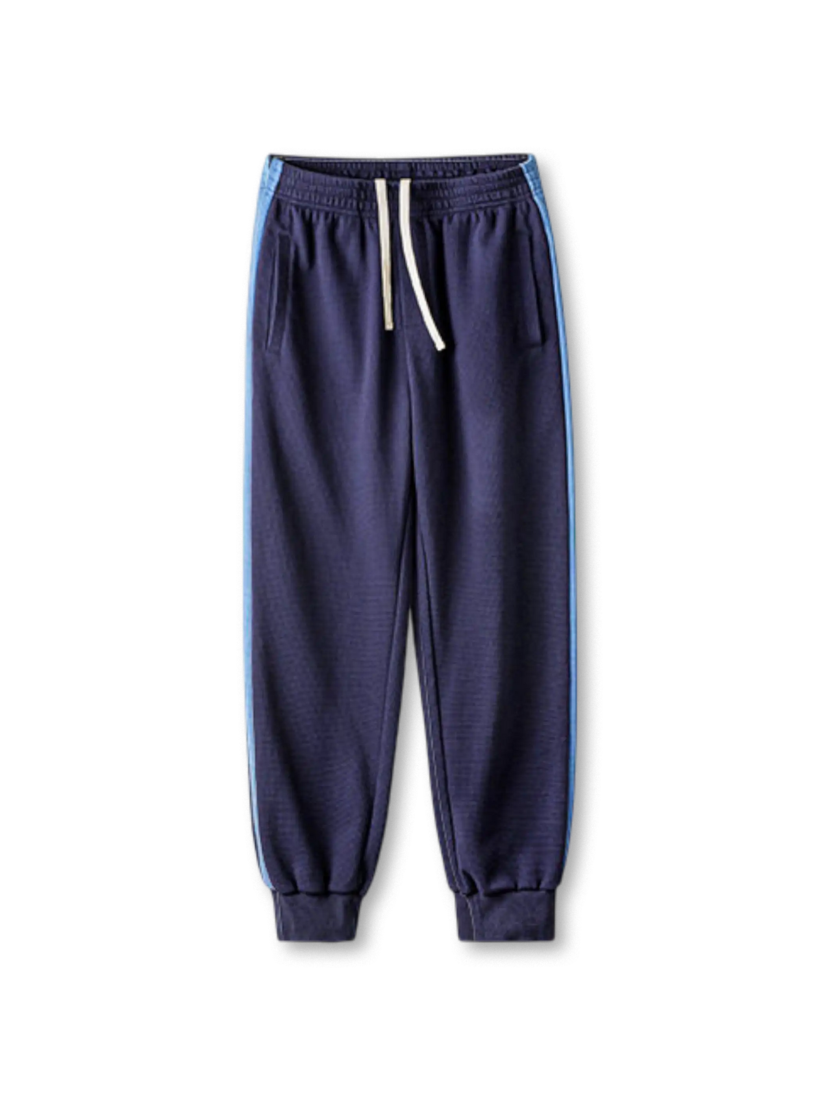 ネイビー系のワッフル地スウェットパンツ、サイドライン入り、ドローコード付きウエストと裾リブ仕様