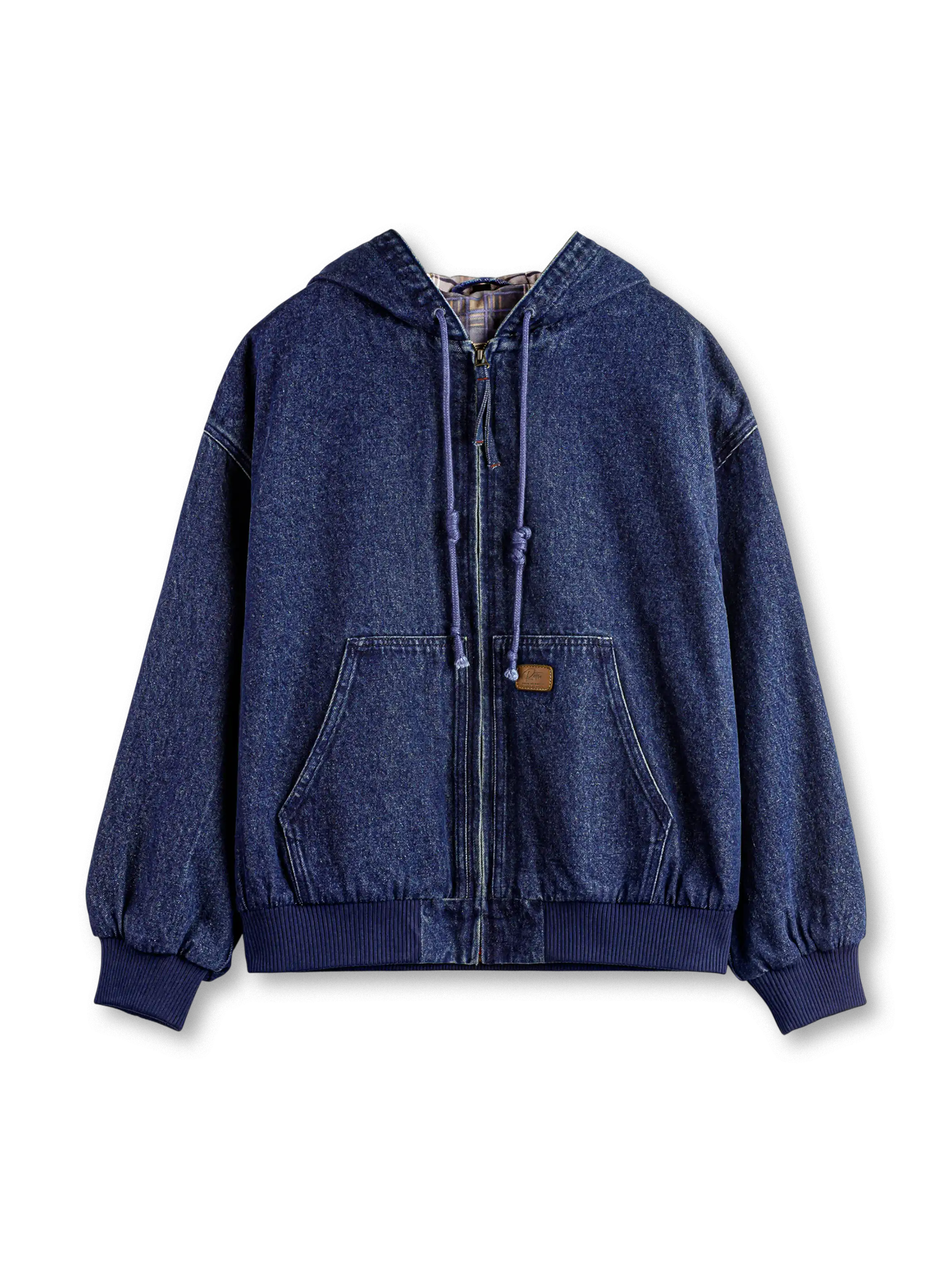 ウォッシュドデニムのフーデッドアクティブジャケット、フロントジップ、大型カンガルーポケット、リブ裾と袖口、チェック柄裏地