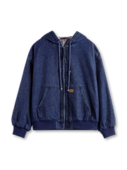 ウォッシュドデニムのフーデッドアクティブジャケット、フロントジップ、大型カンガルーポケット、リブ裾と袖口、チェック柄裏地