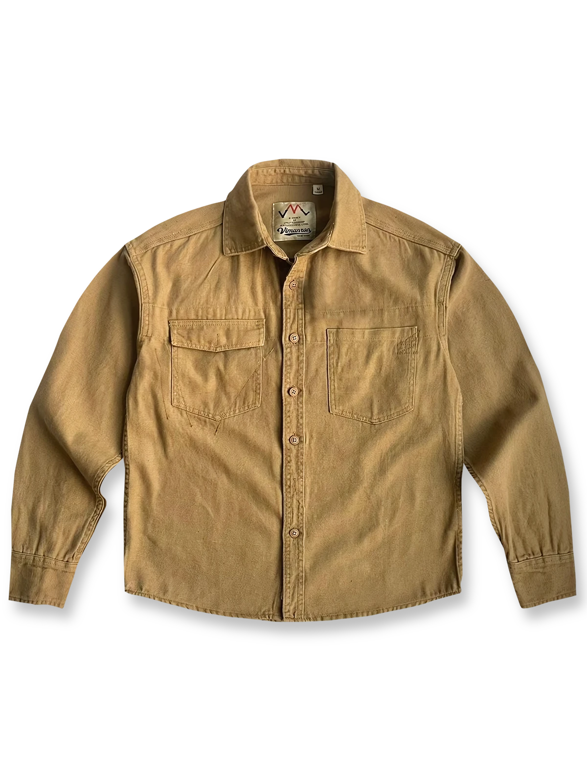 ウォッシュ加工キャンバスワークシャツの全体正面画像、ダブル胸ポケットとラウンドヘムのディテール。