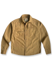 ウォッシュ加工キャンバスワークシャツの全体正面画像、ダブル胸ポケットとラウンドヘムのディテール。