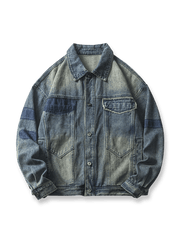 ウォッシュド加工とカラーパッチが特徴のデニムジャケットの全体像。