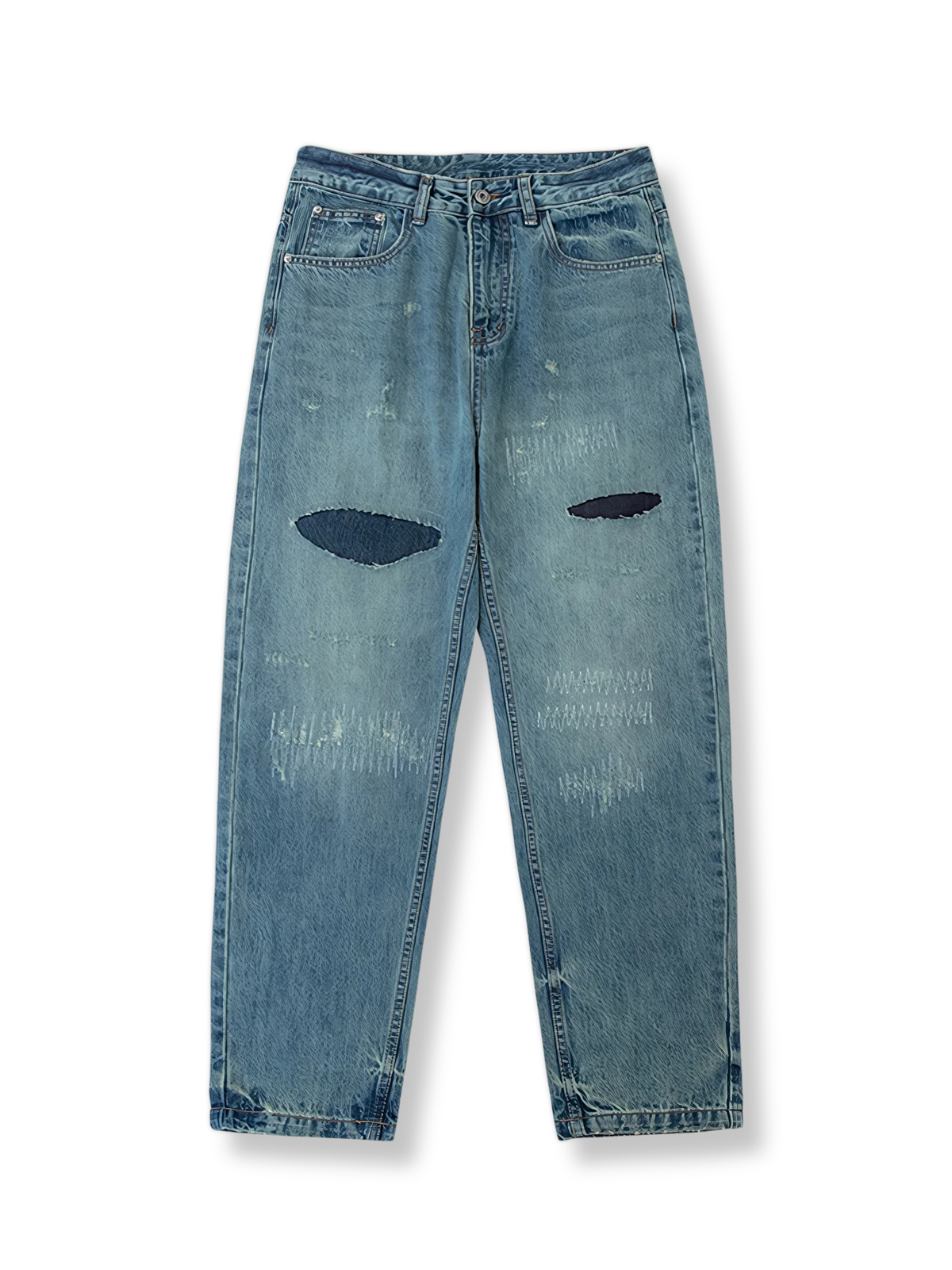 ヴィンテージ風ウォッシュド加工とダメージディテールが際立つコットンデニムパンツ