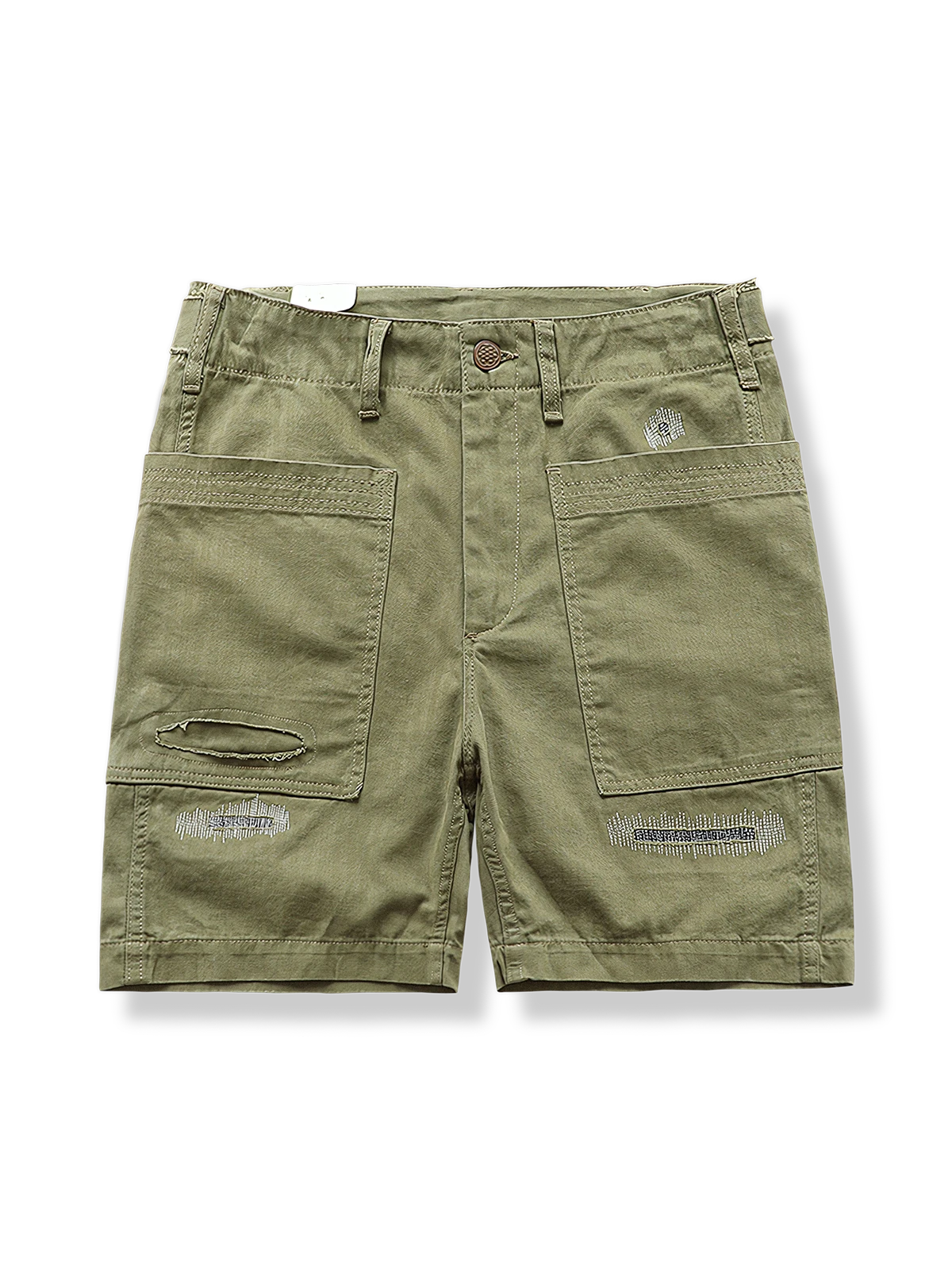 ウォッシュ加工ダメージショートパンツ、パッチワークデザイン、ルーズフィット、コットン素材