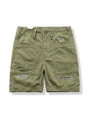 ウォッシュ加工ダメージショートパンツ、パッチワークデザイン、ルーズフィット、コットン素材