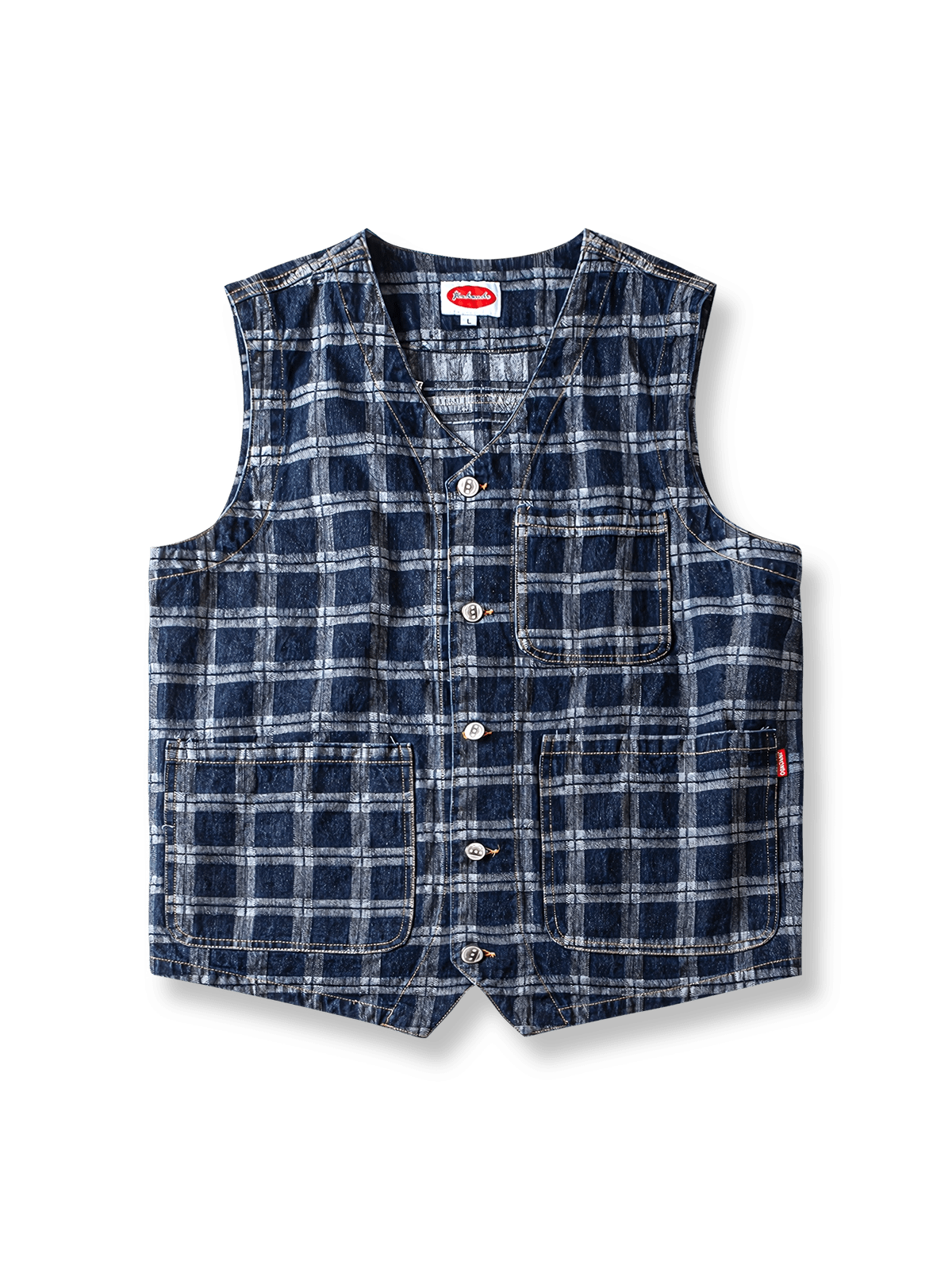 染色デニムのチェック柄が映えるヴィンテージ風ワークベスト