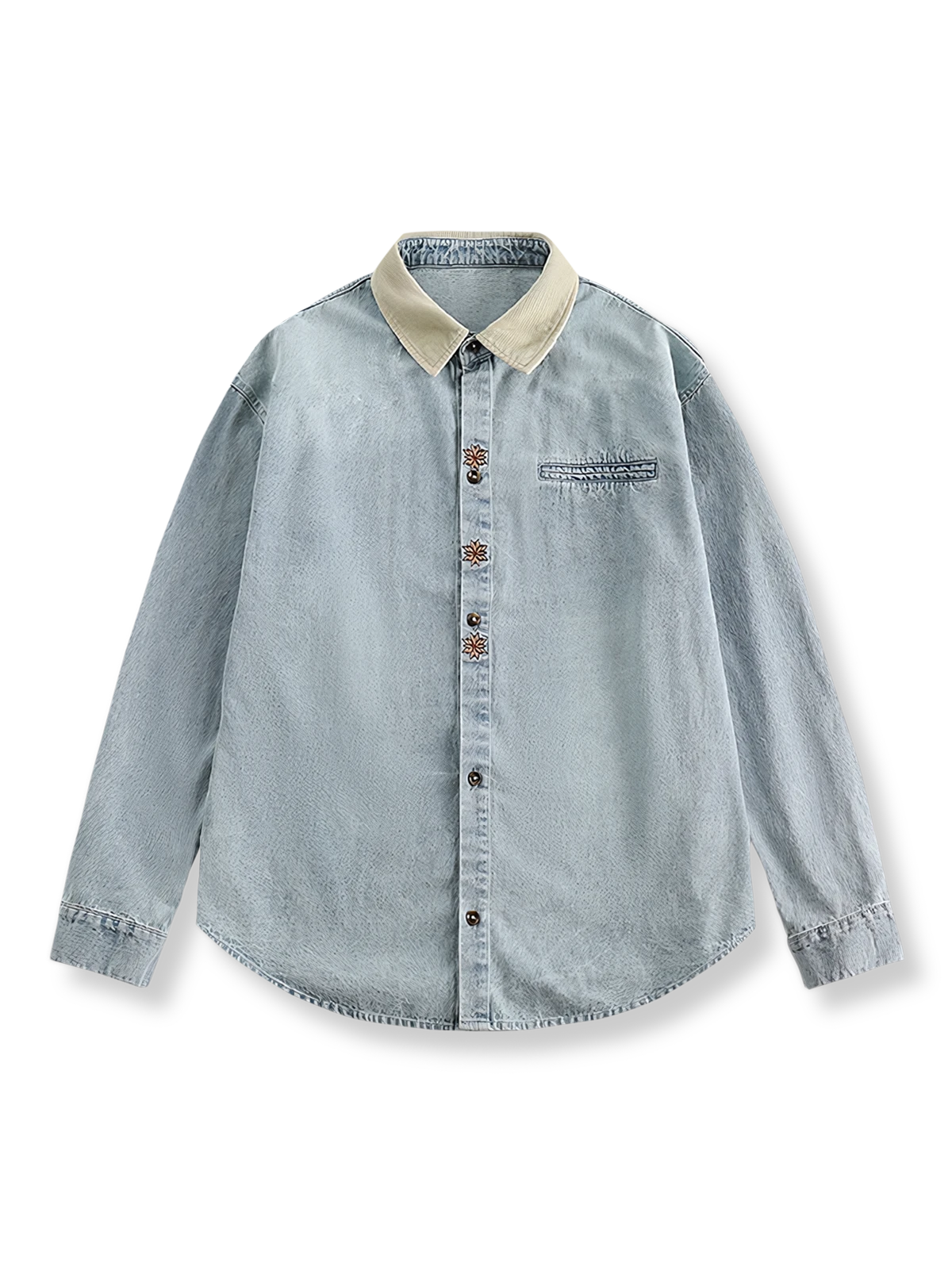 ウォッシュ加工デニム素材の長袖シャツ、コントラストカラーの襟付き