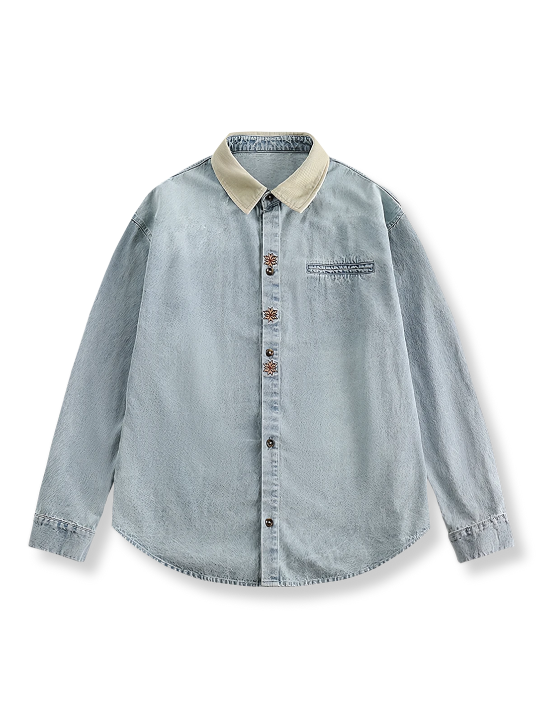 ウォッシュ加工デニム素材の長袖シャツ、コントラストカラーの襟付き