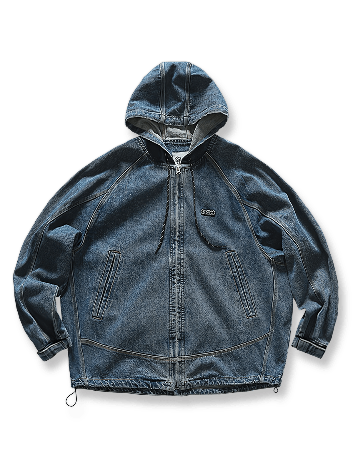 ウォッシュ加工を施したコットンデニム素材のフード付きジャケット。ルーズフィット、ジップ前開き、両サイドポケットを備えたデザイン。