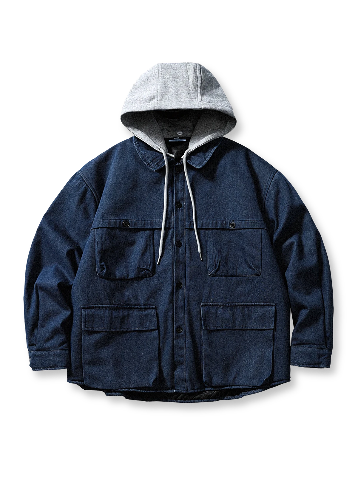 ウォッシュドデニム素材とグレーフード付きの中綿ジャケット