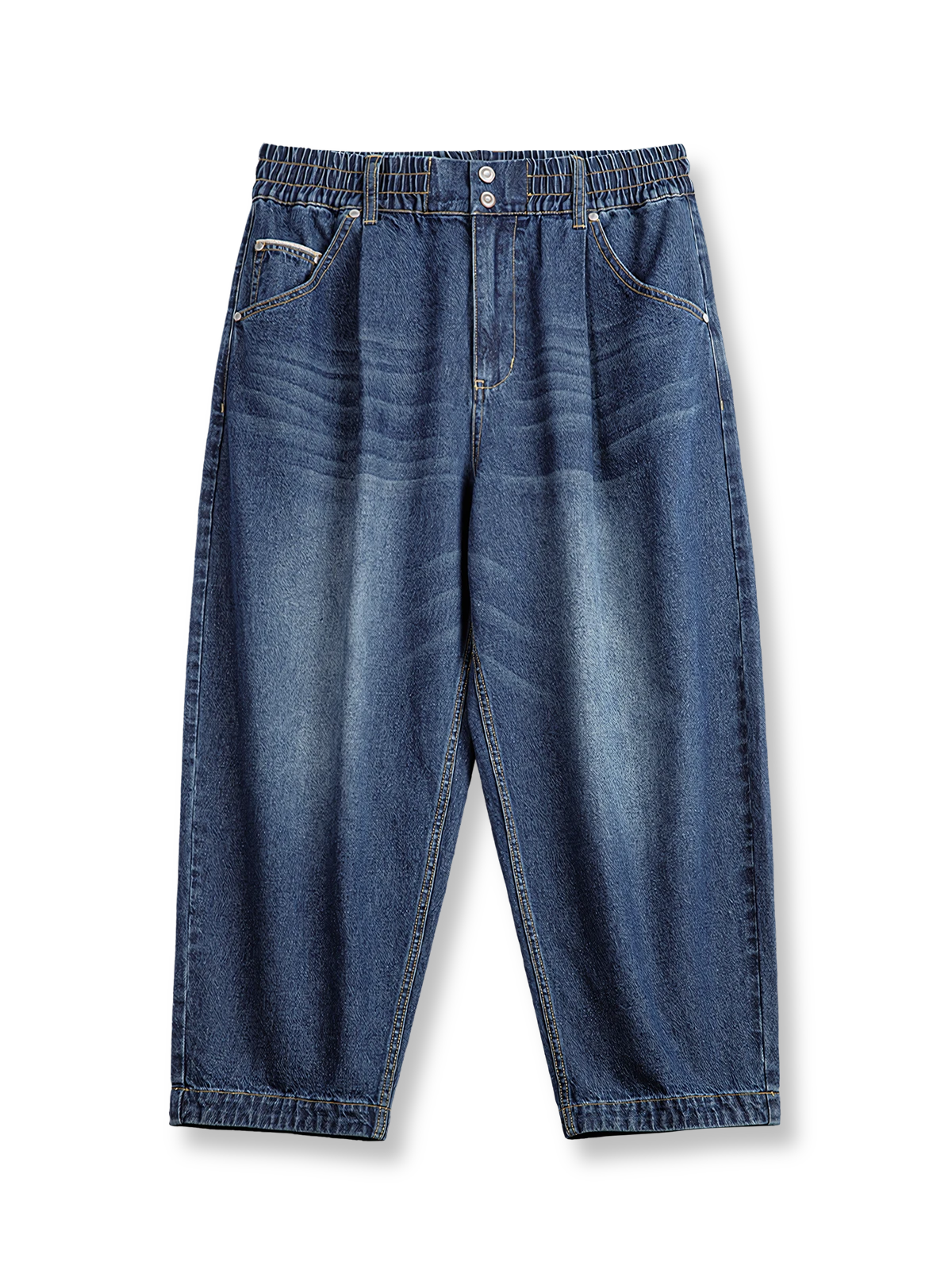 ウォッシュドデニムワイドジーンズの全体正面画像、膝のヒゲ加工とセルビッジテープディテールが特徴。