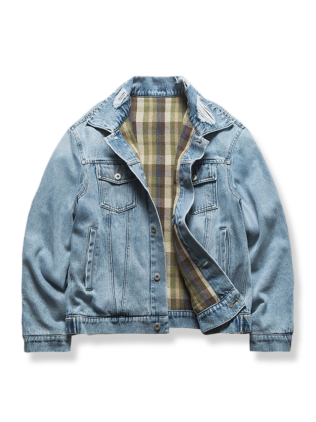 ダメージ加工とチェック裏地が特徴のウォッシュデニムジャケット