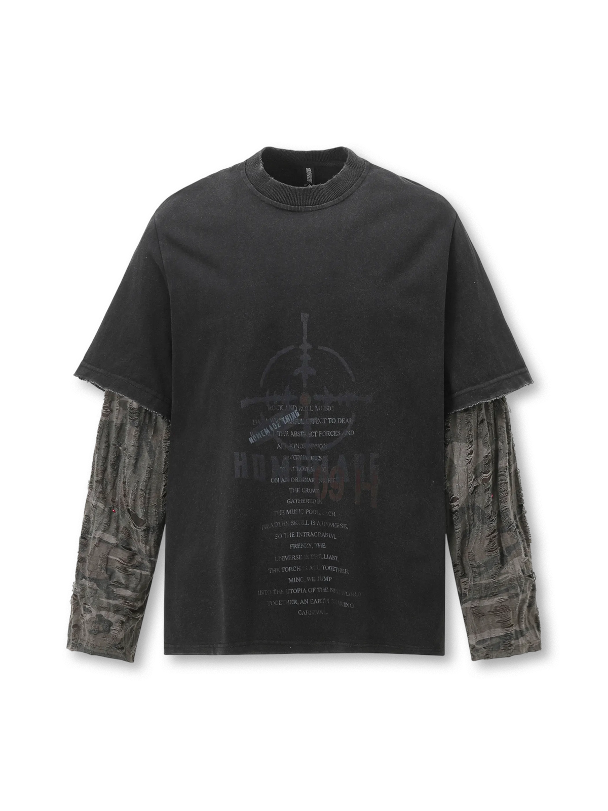 ブラックボディにグレーカモのダメージスリーブを重ねた90年代ストリートカルチャーを表現したロングTシャツ