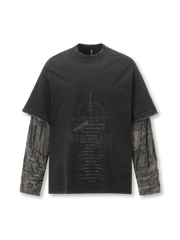 ブラックボディにグレーカモのダメージスリーブを重ねた90年代ストリートカルチャーを表現したロングTシャツ