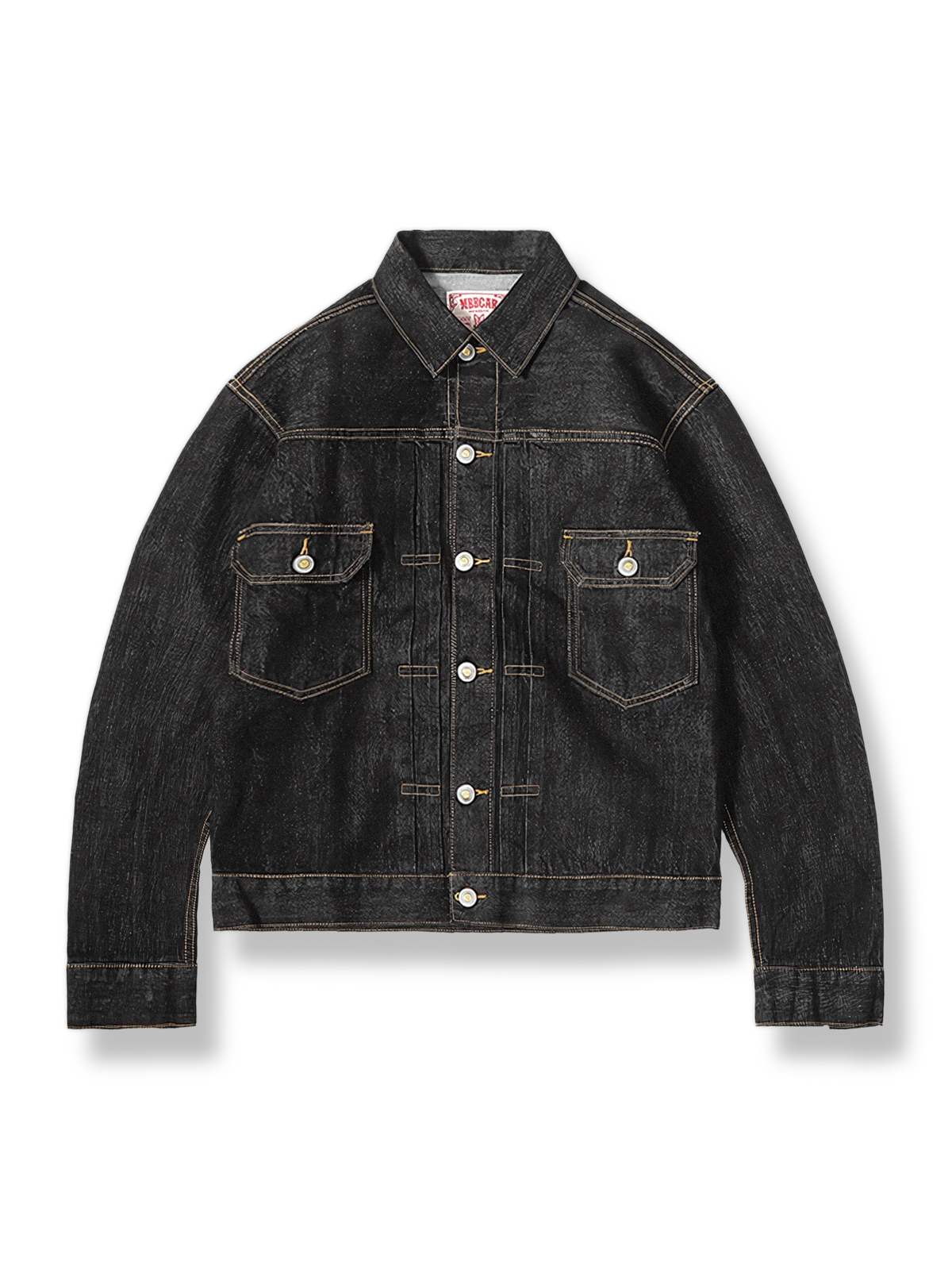 ウォッシュ加工された赤耳デニムジャケット