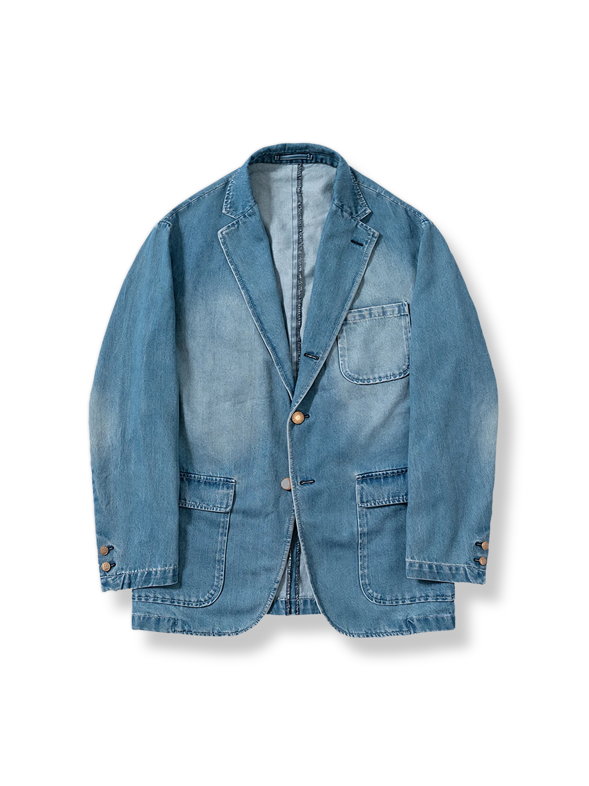 ウォッシュ加工を施したシングルブレストデニムジャケットのディテール写真