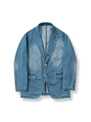 ウォッシュ加工を施したシングルブレストデニムジャケットのディテール写真