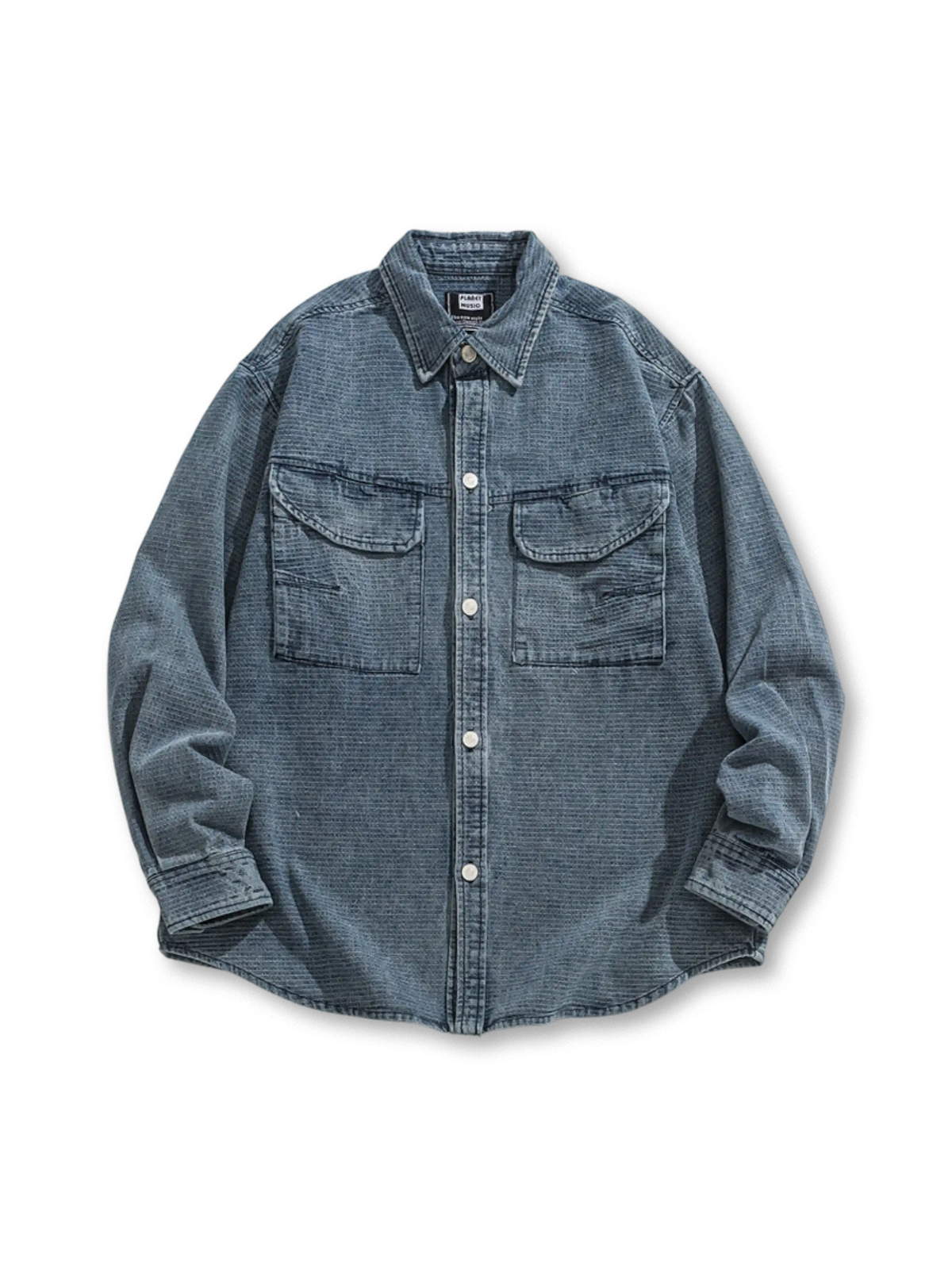 雪花柄ウォッシュ加工が施された長袖デニムシャツ全体像