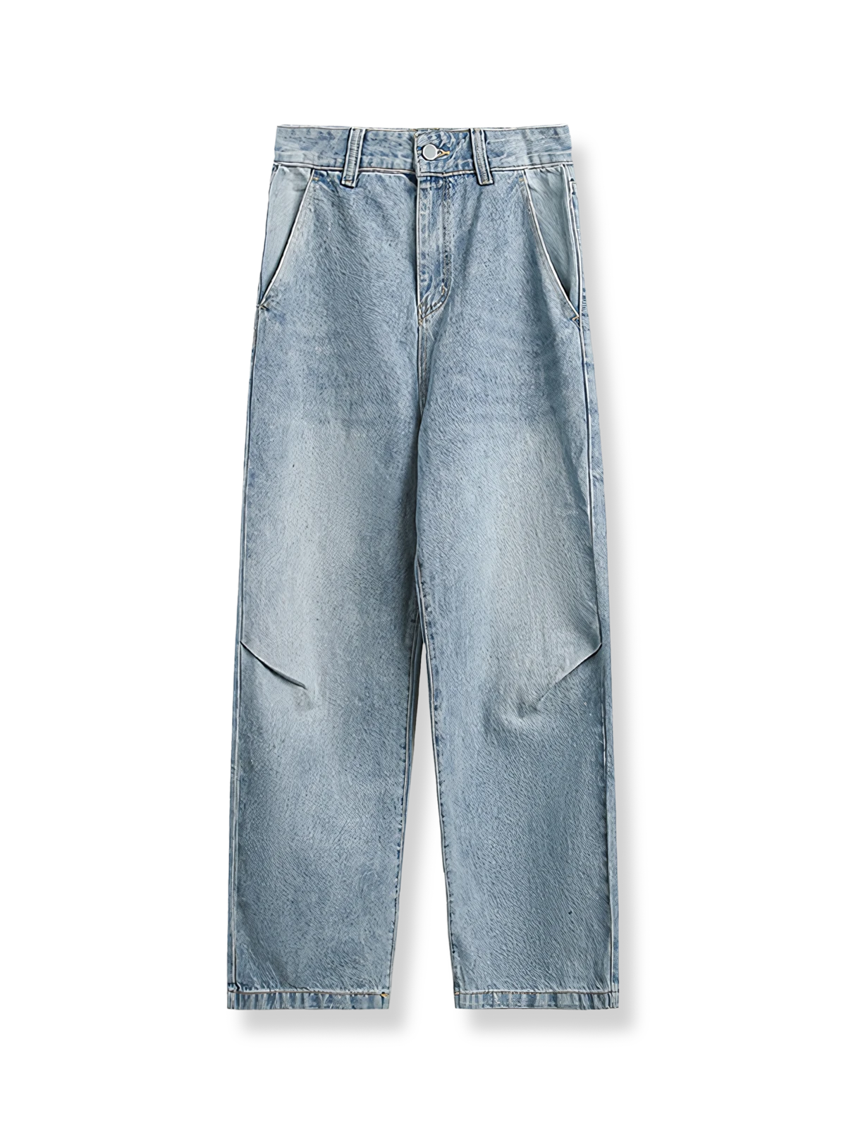 自然な色落ちと膝の立体的なしわ加工が特徴のストレートデニムパンツ。