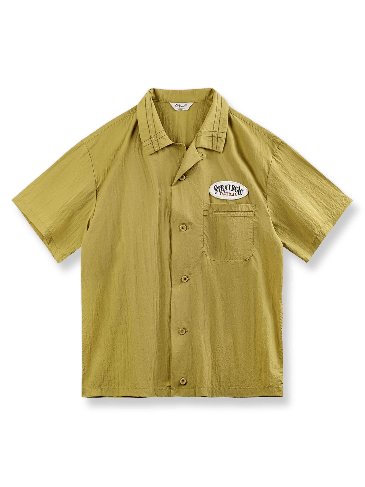 ナイロン素材のウォッシュ加工でシワ感を出したマスタードイエローのキューバカラーシャツ