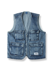 ウォッシュ加工 Vネック デニム ベスト