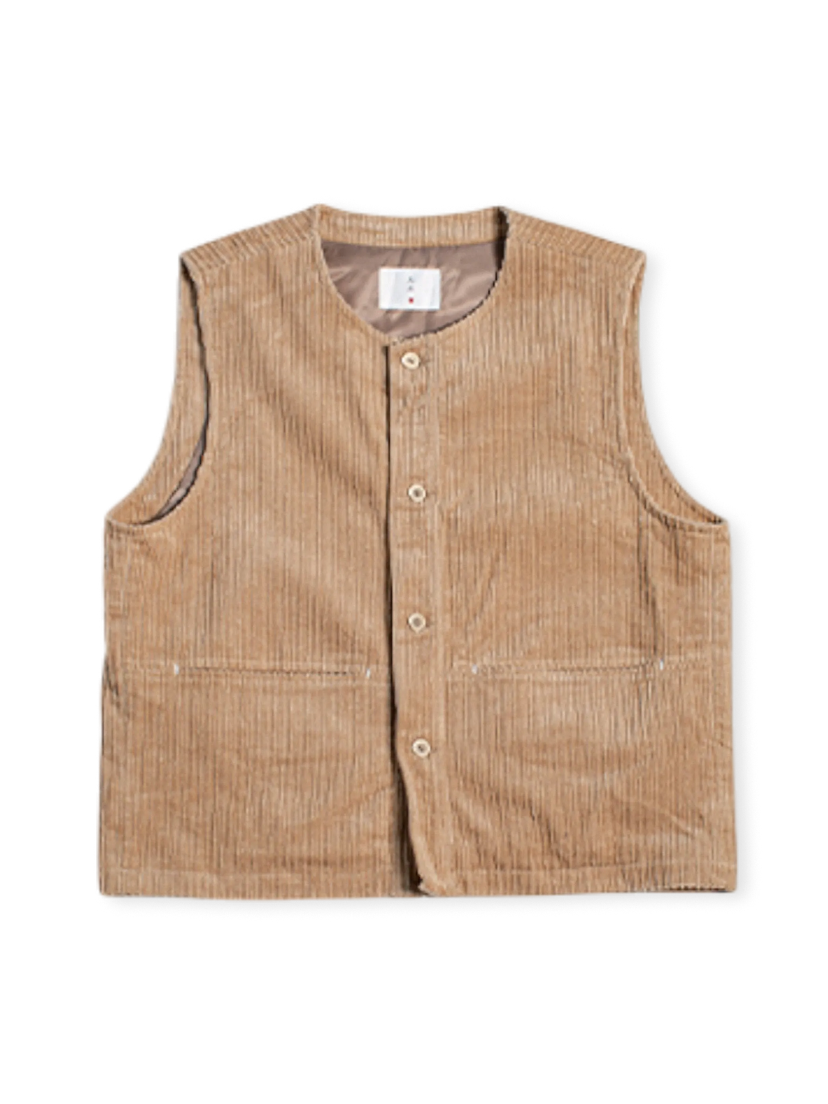 1960年代ワークベスト改良版、8条子母紋コーデュロイ生地使用の水洗い加工ヴィンテージベスト。手作業ロックエッジと樹脂ボタン付き。