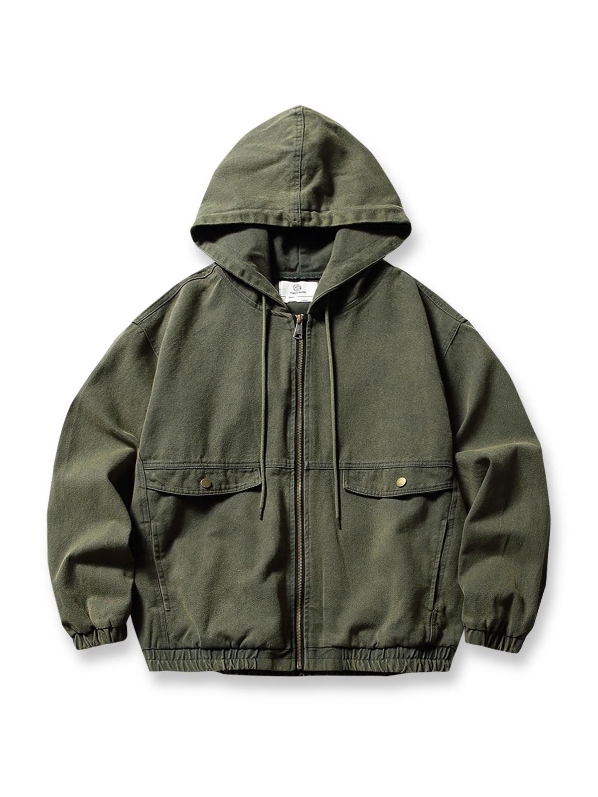 ウォッシュ加工ヴィンテージフード付きワークジャケットの全体正面画像、ダブルポケットとフード・ゴム袖口のディテール。