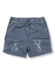 ハンド染色とハサミ柄プリントが施されたヴィンテージショーツ