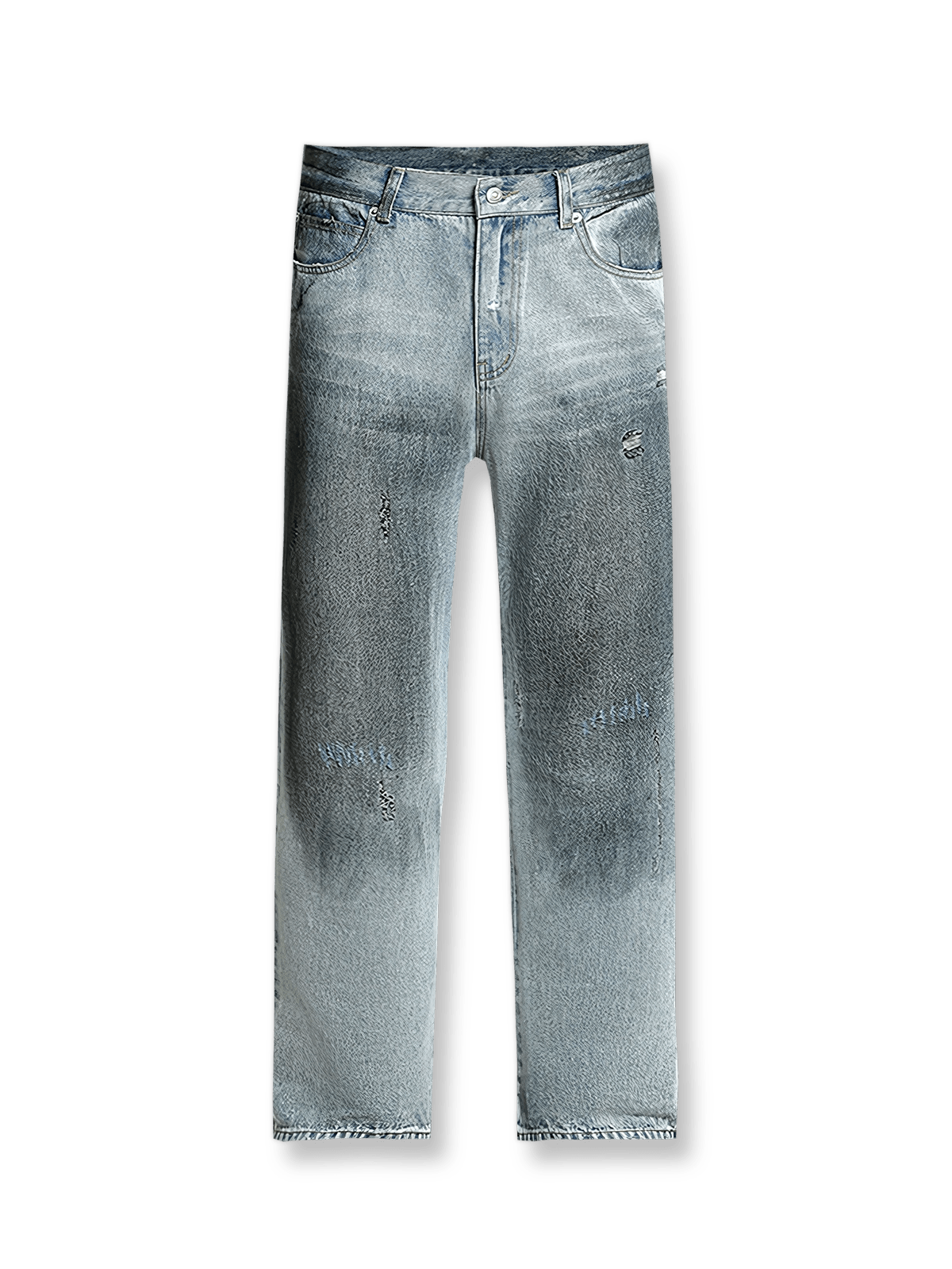 ウォッシュ加工とダメージディテールが特徴のヴィンテージ風ストレートデニム