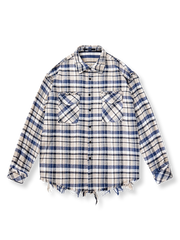 Y2Kテイストのウォッシュドチェックシャツ、裾にダメージ加工を施したデザイン