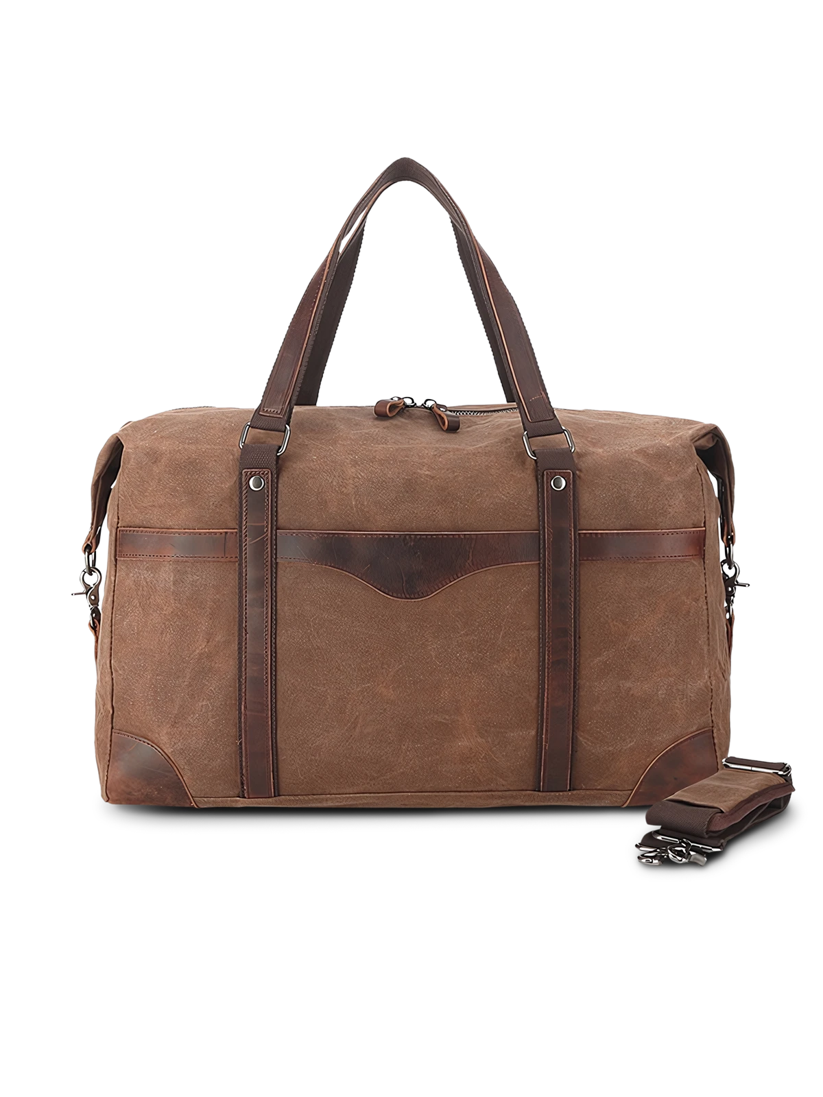 オイルワックス帆布とフルグレインレザー、高品質金具を組み合わせた防水かつ耐摩耗性に優れる大容量ダッフルバッグの全体像。