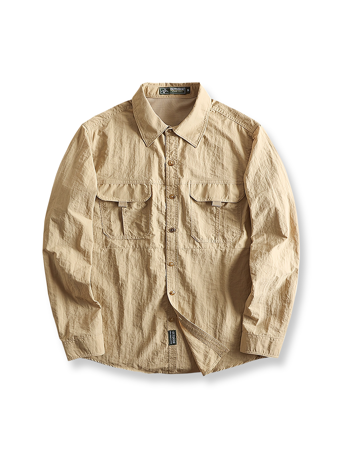 防水ジップポケットと速乾ナイロン素材が特徴のアウトドアワークシャツの全体像。