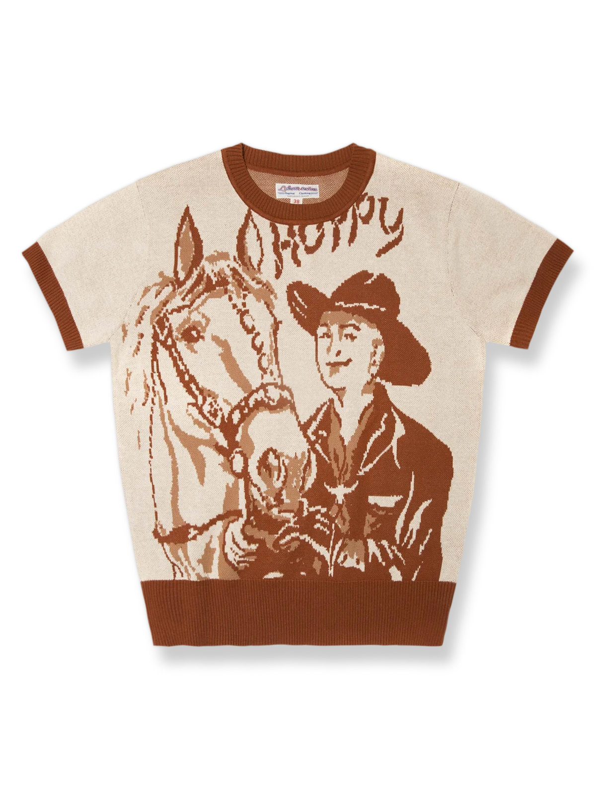 馬を操るカウボーイ柄をあしらった32番手純綿ニットの半袖シャツ