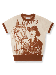 馬を操るカウボーイ柄をあしらった32番手純綿ニットの半袖シャツ