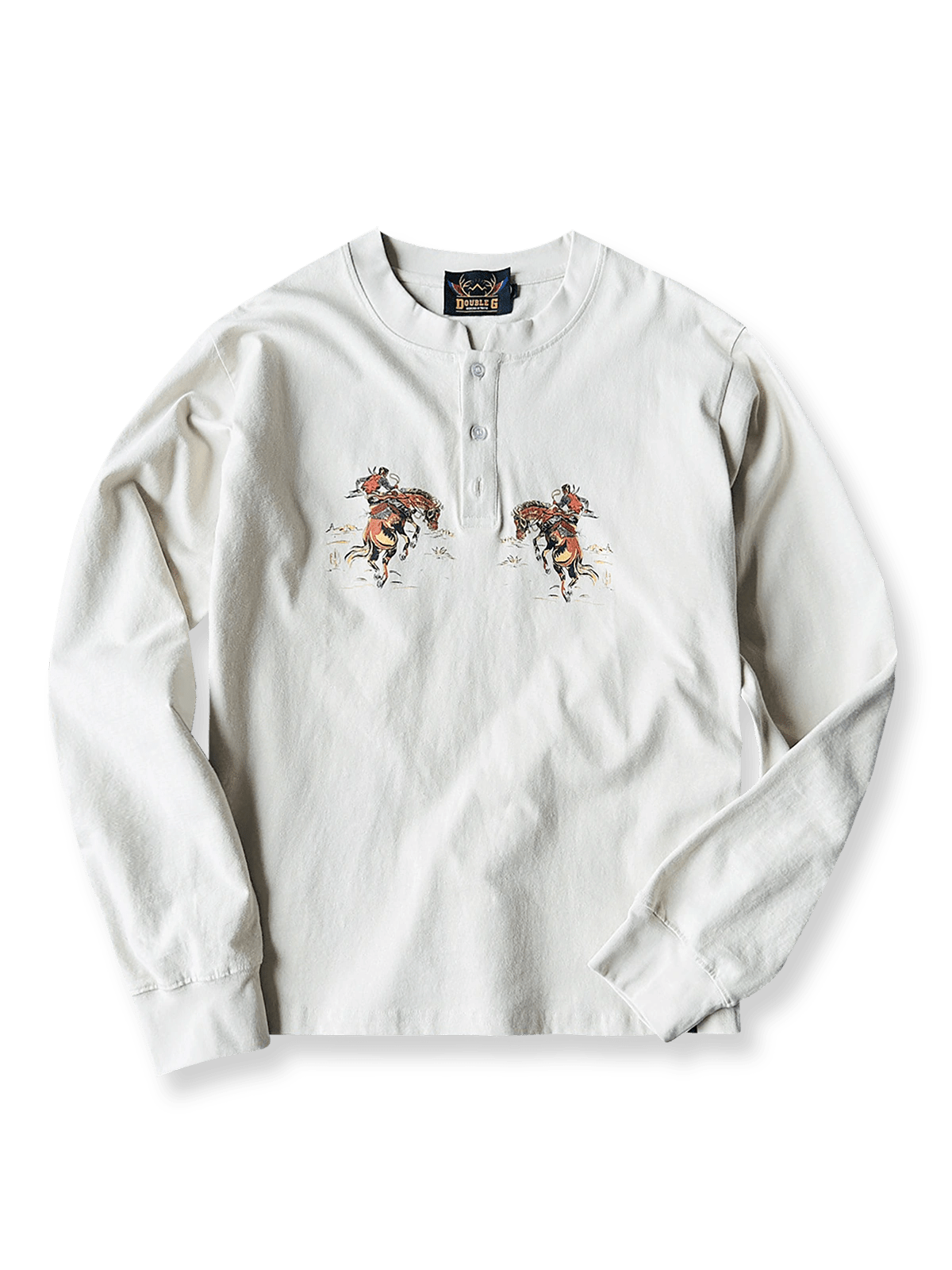 ウエスタンカウボーイプリントが映えるヘンリーネック長袖Tシャツ