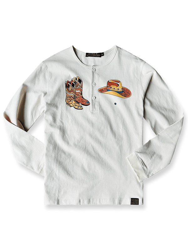 ウエスタンカウボーイ柄のヴィンテージ風ヘンリーネック長袖Tシャツ