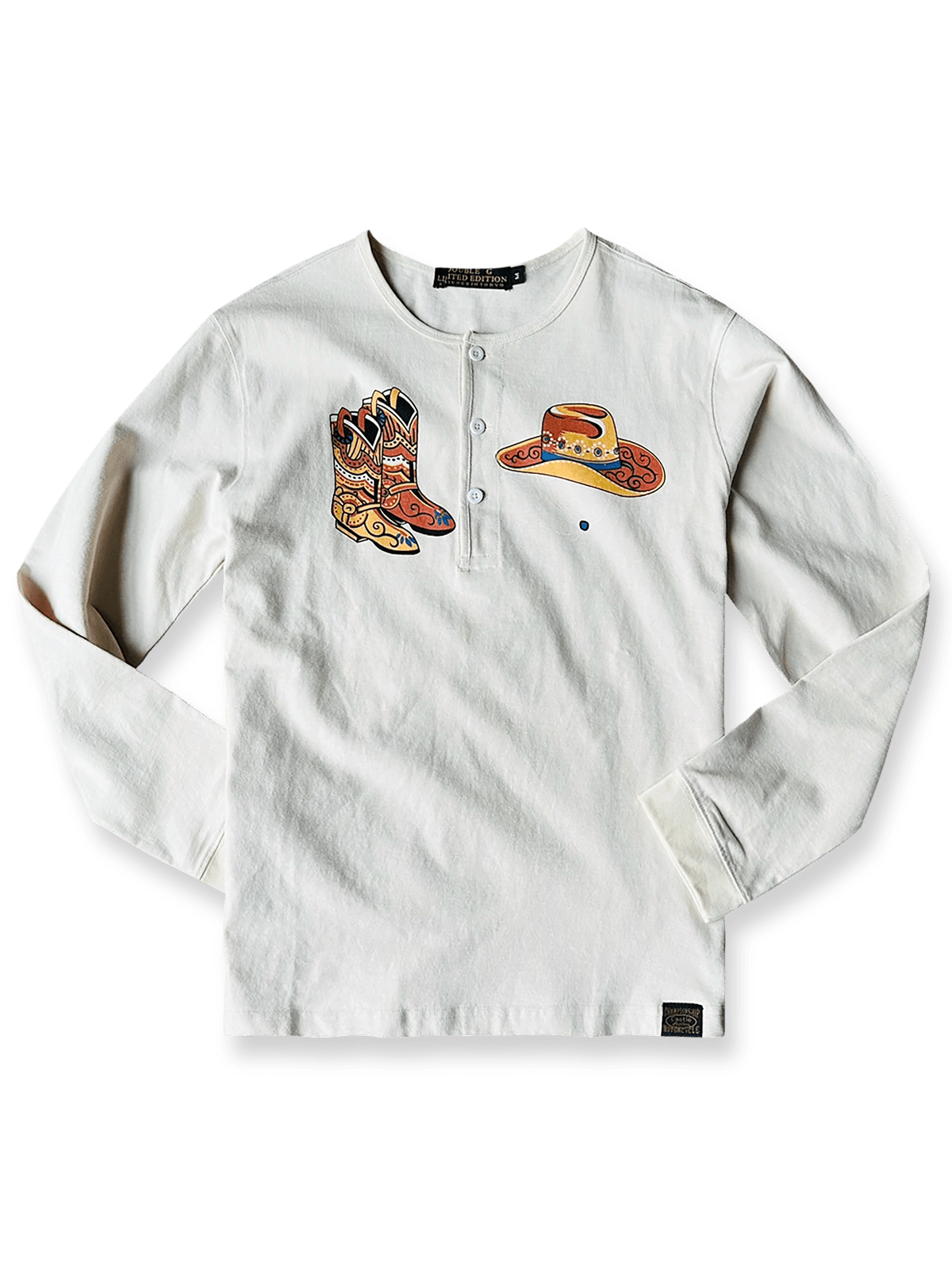 ウエスタンカウボーイ柄のヴィンテージ風ヘンリーネック長袖Tシャツ