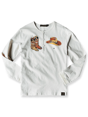 ウエスタンカウボーイ柄のヴィンテージ風ヘンリーネック長袖Tシャツ