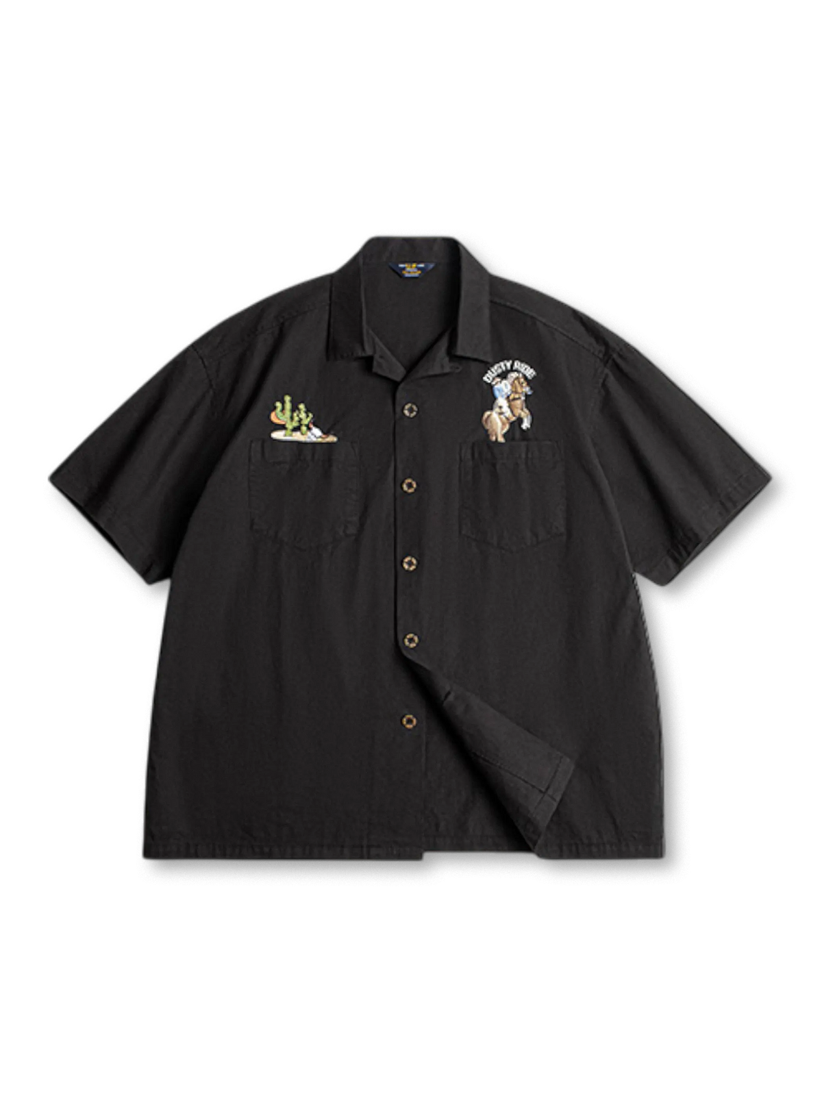 カウボーイとサボテンの刺繍が特徴のヴィンテージ感あふれるオーバーサイズオープンカラーシャツ