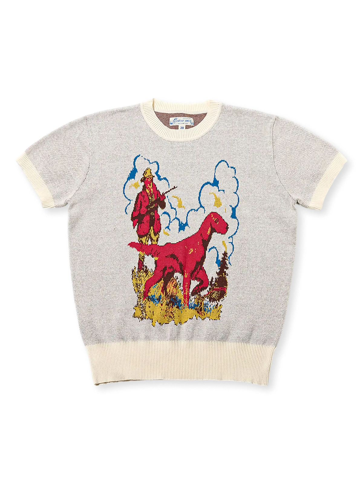 カウボーイと猟犬のジャカード柄が特徴の厚手ニットTシャツ、通気性と吸汗性に優れた32番手コットン糸使用