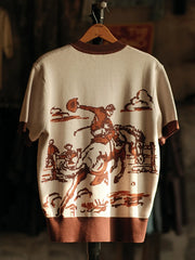 西部ライディングジャカードニットTシャツ全体像（レーヨングレー×コーヒーブラウン）